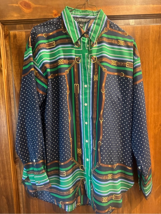 Ralph Lauren Tops - Ralph Lauren Navy & Green Belt-Print Polka Dot Button-Down Shirt